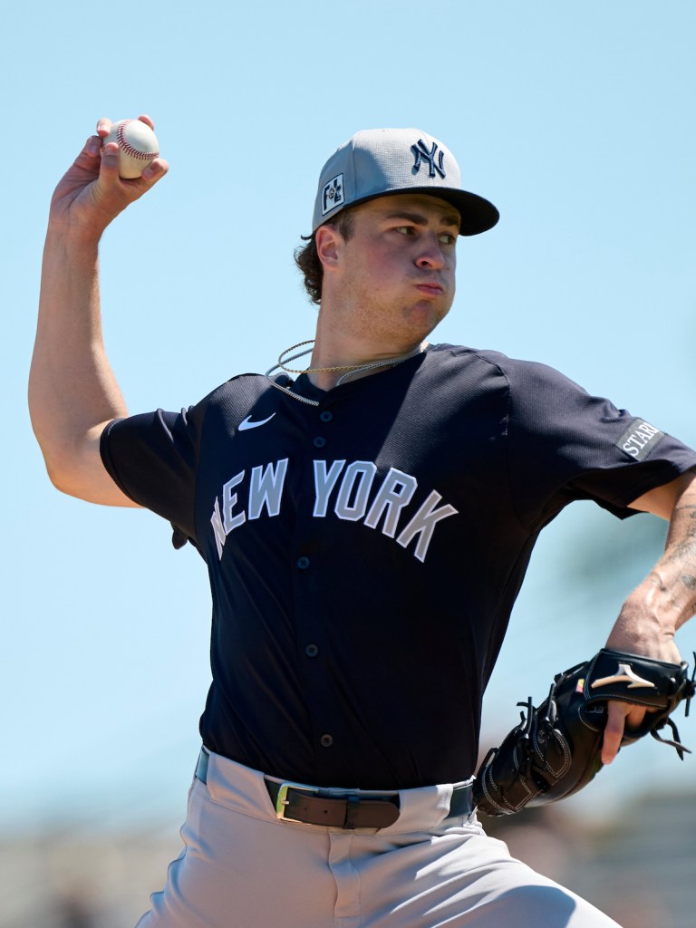 New York Yankees pitcher Cam Schlittler (76) during an MLB Spring Training baseball game against the Pittsburgh Pirates on March 11, 2025 at LECOM Park in Bradenton, Florida. (Mike Janes/Four Seam Images)