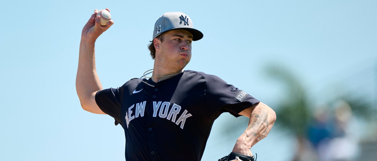New York Yankees pitcher Cam Schlittler (76) during an MLB Spring Training baseball game against the Pittsburgh Pirates on March 11, 2025 at LECOM Park in Bradenton, Florida. (Mike Janes/Four Seam Images)